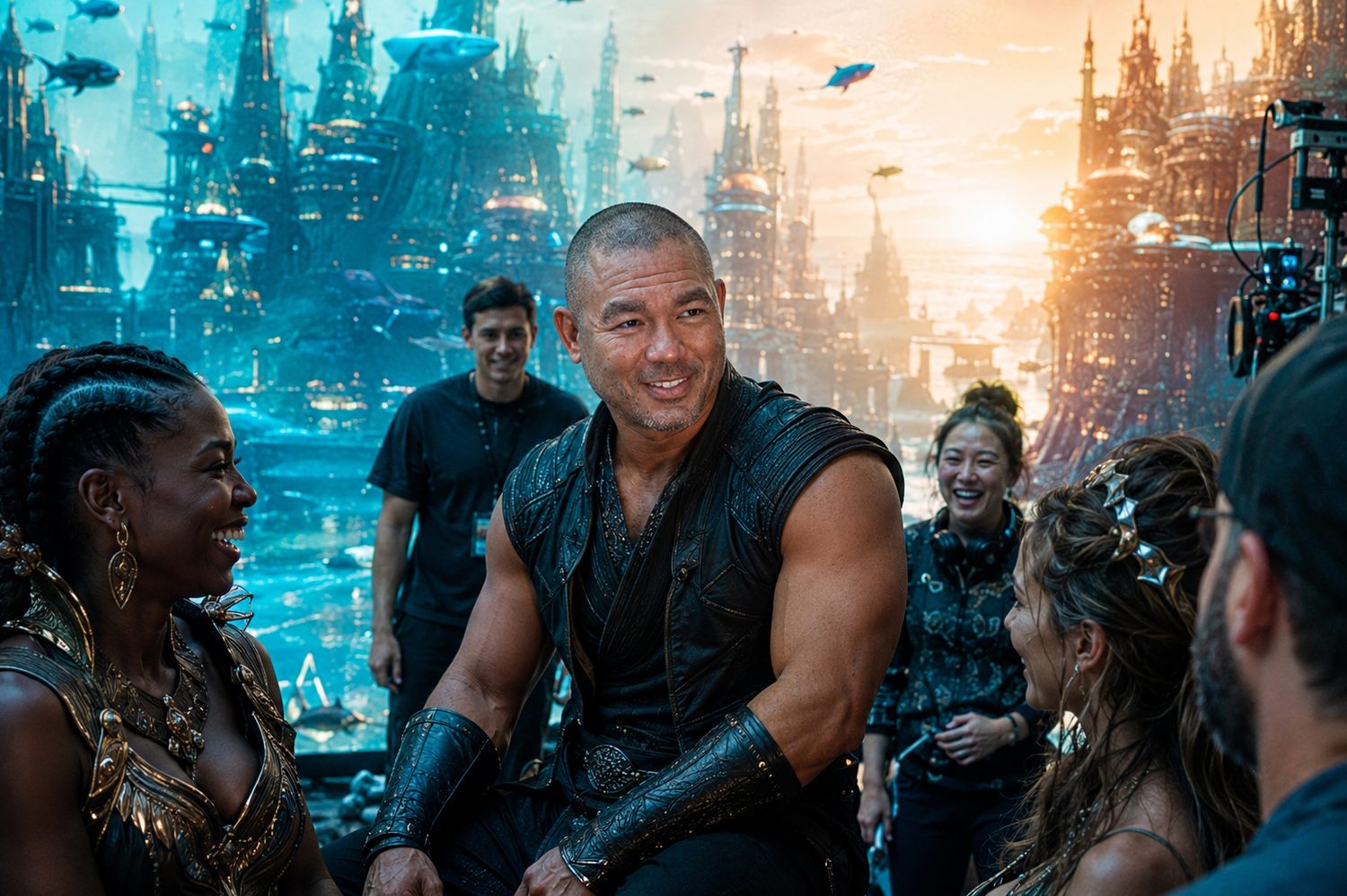 Devin Lockett with the cast on a fantasy film set