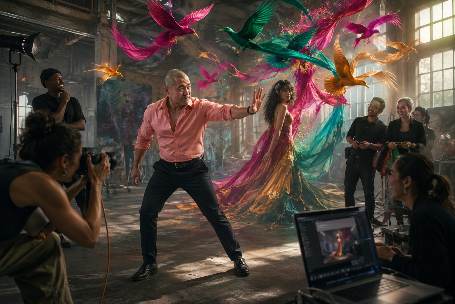 Devin Lockett directing a colorful studio fashion shoot